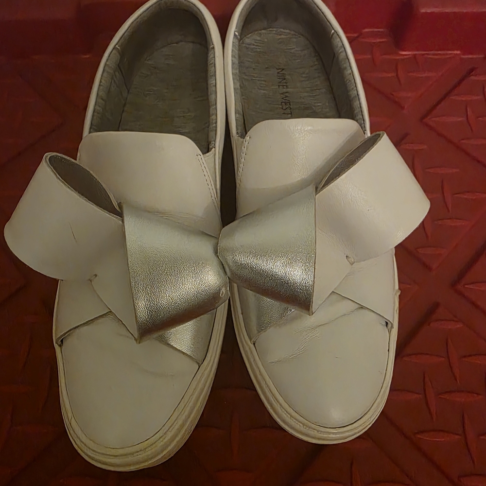 White and Silver Bow Slip-On Sneakers